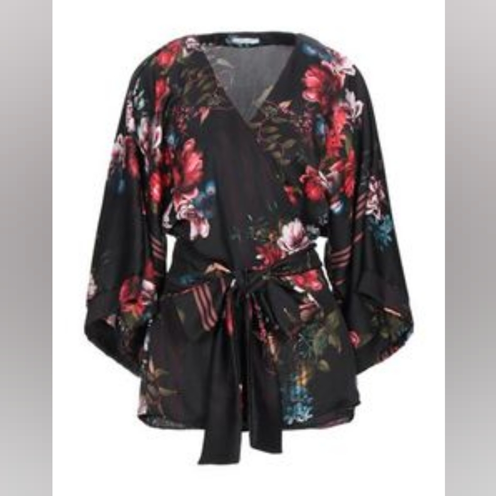 SILKY KIMONO- Black & Red Floral Wrap Side Tie /Women/ XS